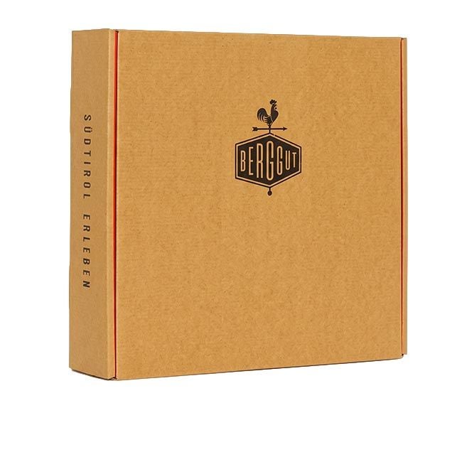 Naturbraune Berggut Geschenkbox mit Deckel und seitlichem Schriftzug „Südtirol erleben“