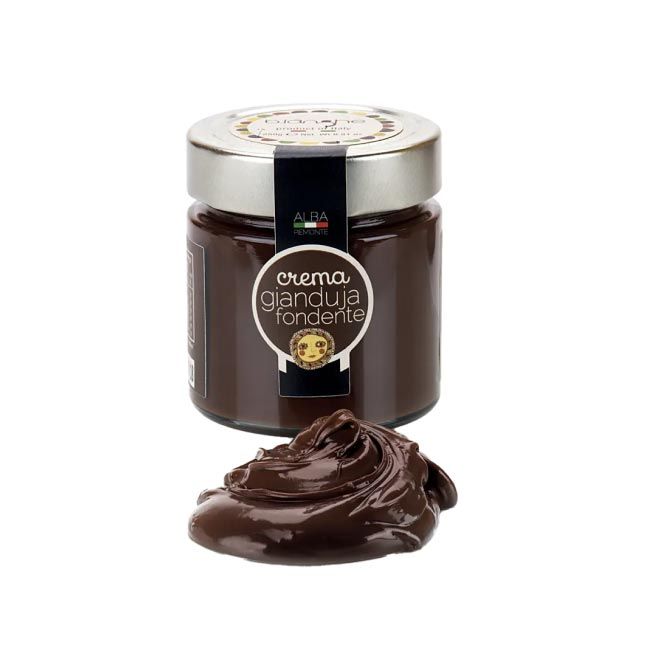 Zartbitter Haselnuss-Nougatcreme ohne Palmöl aus dem Piemont mit gerösteten Haselnüssen.