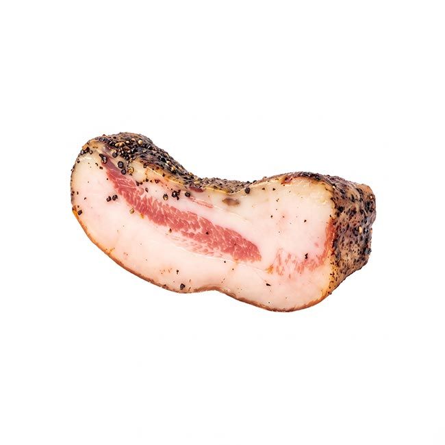 Guanciale Stagionato von CLAI als Teilstück mit dunkler Pfeffer- und Gewürzkruste
