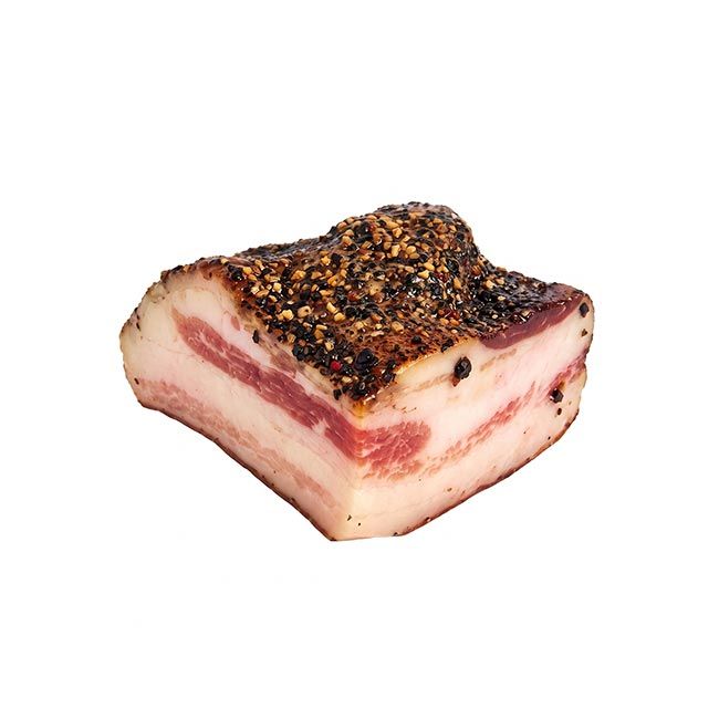 Italienischer Guanciale von CLAI im Anschnitt mit hellem Fett und rosafarbenem Fleisch