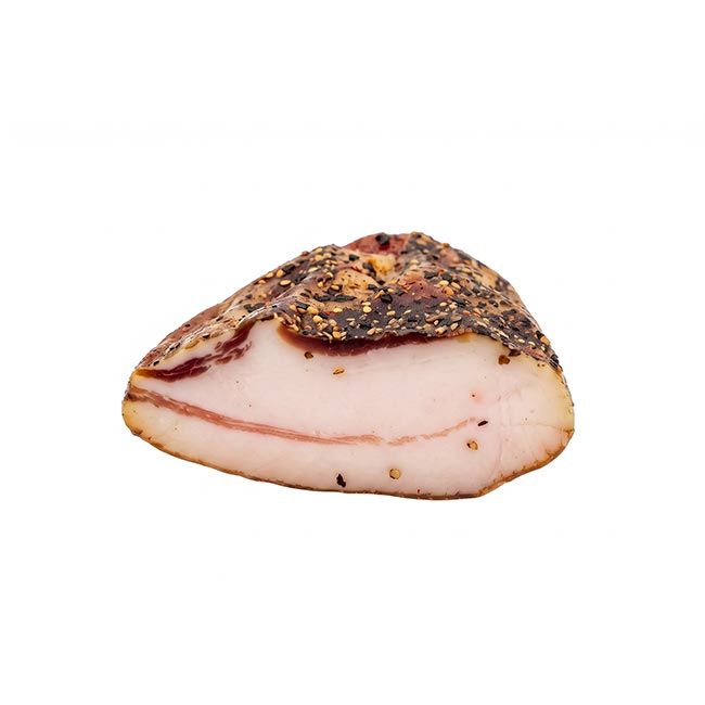 Italienischer Guanciale von CLAI je nach Anschnitt können sich Fleisch zu Fett Verteilung unterscheiden