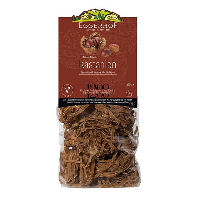 Kastanien-Fettuccine von Eggerhof breite Bandnudeln mit 28 % Kastanienmehl aus Südtirol.