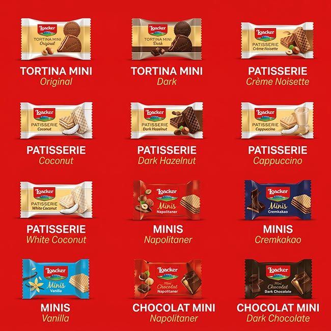 Übersicht der zwölf Loacker-Sorten aus Tortina Mini, Patisserie, Minis und Chocolat Minis in ihren Einzelverpackungen
