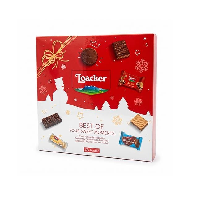 Loacker Best of Your Sweet Moments Geschenkpackung 400g in Rot und Weiß mit winterlichen Motiven und Waffel- und Schokoladenspezialitäten