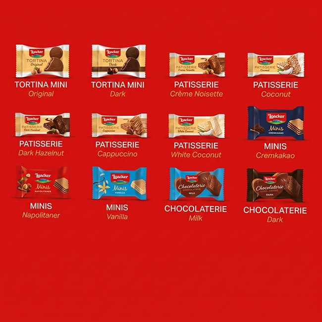 Zwölf verschiedene Loacker-Sorten aus Tortina Mini, Patisserie, Minis und Chocolaterie in ihren Einzelverpackungen