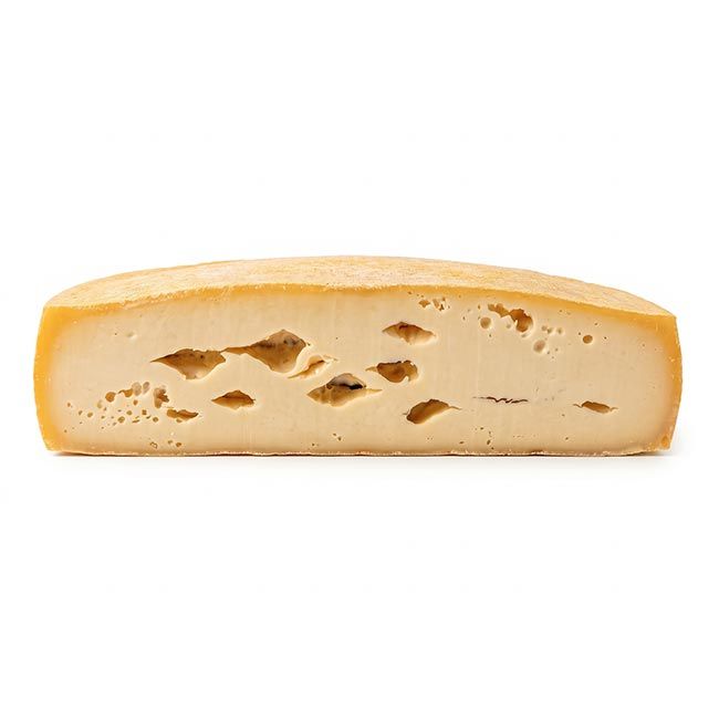 Angeschnittener Innichner Bergkäse aus Südtirol, benannt nach Innichen im Hochpustertal, mit typisch mild-süßlichem, nussigem Charakter.