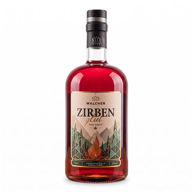 Bio Zirbenpunsch Zirbenglut von Walcher aus Südtirol mit dekorativem Flaschenetikett und 22% Vol. Alkohol