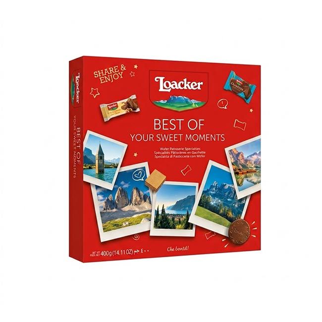 Loacker Best of Moments in der Südtirol-Editionsbox mit mit verschiedenen Loacker Waffel- und Schokoladenspezialitäten zum Selbergenießen oder Verschenken.