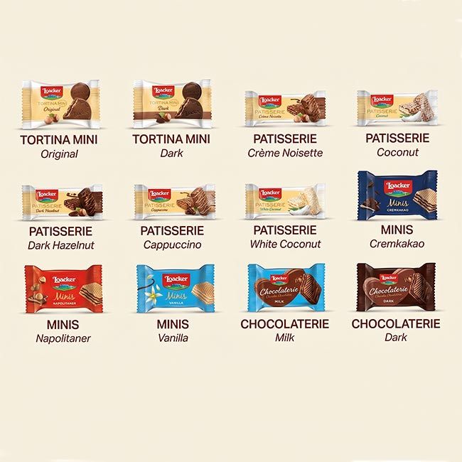Loacker Best of Moment Box in 12 verschiedenen Sorten und insgesamt 43 Stück einzeln verpackte Waffel- und Schokoladenspezialitäten.