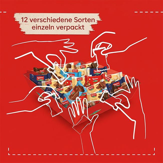 Loacker Best of Moments mit 12 verschiedenen Sorten und 43 einzeln verpackten Mini-Waffeln im stilvollem Serviertablett, ideal zum Teilen und Genießen.