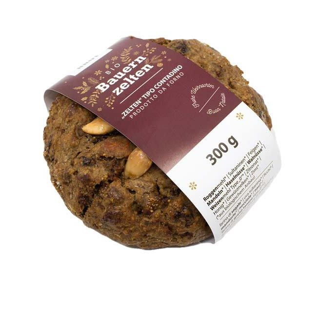 Bio Bauernzelten von Ultner Brot aus Südtirol, rundes Weihnachtsfrüchtebrot mit sichtbaren Nüssen, 300 g