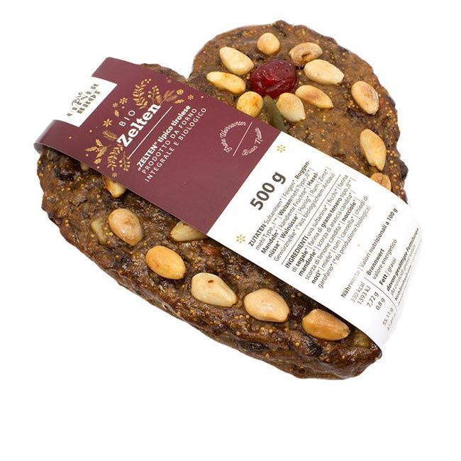 Bio Südtiroler Zelten von Ultner Brot, Weihnachtsfrüchtebrot in Herzform mit Mandeln und kandierten Früchten, 500 g
