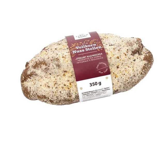 Bio Vollkorn-Nussstollen von Ultner Brot aus Südtirol, rustikaler Weihnachtsstollen mit hell gezuckerter Oberfläche, 350 g