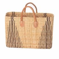 Große, rechteckige Strohtasche in Natur-Blau mit Echtledergriffen, handgefertigt und stilvoll - in zwei Größen erhältlich.
