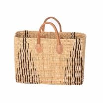 Mittelgroße, rechteckige Strohtasche in Natur-Blau mit Echtledergriffen, handgefertigt und stilvoll - in zwei Größen erhältlich.