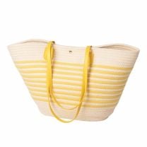 Tasche oval aus hellen Stoffbändern mit gelben Streifen und Kunstlederhenkeln – perfekte Sommer-Tasche für Strand oder City.