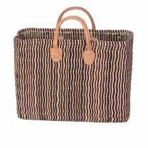 Handgefertigte Strohtasche natur-blau gestreift mit Echtledergriffen, stilvoll und vielseitig. In 2 Größen erhältlich.