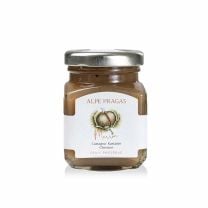 Alpe Pragas Maronen Fruchtaufstrich: delikate Konfitüre aus Edelkastanien, gekocht, püriert, mit Zucker, Zimt, Vanille und Limettenpüree verfeinert.