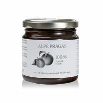 Apricot-Peach Fruchtaufstrich von Alpe Pragas enthält 100 % Frucht – 50 % Marille, 50 % Pfirsich – und keinen zugesetzten Zucker.