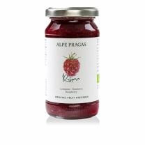 Alpe Pragas BIO Fruchtaufstrich mit 65% Himbeeren gesüßt mit Agavendicksaft.