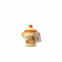 Handgefertigtes gelb-orangefarbenes Keramik-Töpfchen mit Deckel, gefüllt mit der Gewürzmischung „La Spaghettata“ von Artigiani dei Sapori aus Kalabrien.