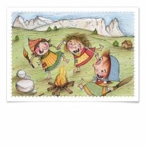 Postkarte zeigt die fröhlichen Schlernhexen auf der Seiser Alm.  Den Erlös spendet Berggut an die Hilfsorganisation "Paten für Katastrophenopfer e.V."