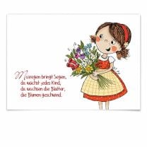 Postkarte zeigt Mädchen mit Blumenstrauß. Mit dem Kauf dieser Karte spenden wir € 2,- an die Spendenorganisation "Südtirol hilft".