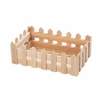 Rechteckige Holzschale aus naturfarbenem Paulowniaholz mit dekorativem Gartenzaun-Design.