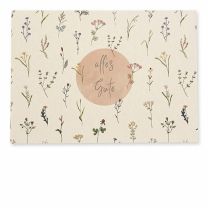 Postkarte „Alles Gute“ von handgemacht mit Liebe mit zarten Blumenillustrationen im A6 Querformat auf Holzschliffpappe.
