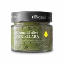 Grüne Creme aus Nocellara Oliven und ex. verg. Olivenöl,  ein ausgewogenes Geschmacksprofil, das sowohl süßliche als auch leicht pikante Noten umfasst.