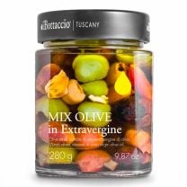 Mediterraner Mix sott'olio von il Bottaccio, eingelegte gemischte Oliven u.w. in nativem Olivenöl extra.
