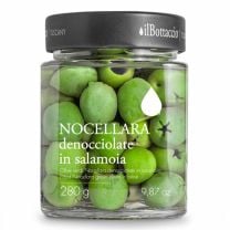 Noccellara Oliven ohne Kern in Salzlake repräsentieren den exquisiten Geschmack Italiens und stammen aus der Toskana.