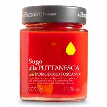 Sugo alla Puttanesca von ilBottaccio Tuscany Toskana-Tomatensauce mit Leccino-Oliven, Kapern und nativem Olivenöl extra.
