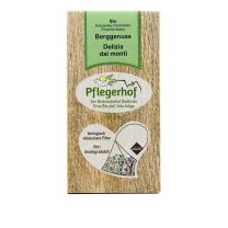 BIO Kräutertee Berggenuss vom Pflegerhof aus Südtirol mit 20 Pyramidenbeuteln und biologisch abbaubaren Filtern.