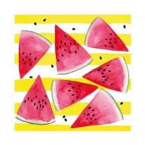 Sommerliche Papierservietten mit Wassermelonenscheiben und gelben Streifen im Aquarellstil.