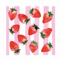 Sommerliche Papierservietten mit roten Erdbeeren und rosa Streifen im Aquarellstil.