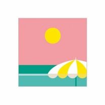 Stilvolles Cocktail-Servietten-Design mit Strandmotiv, Sonne und Sonnenschirm in sonnigen Gelb- und Rosatönen – ideal für Sommerpartys und mediterrane Tischdeko.