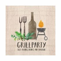 Serviette „Grill & Beer“ mit Grill, Flasche, Kräutern und Feuer – perfekte Tischdeko für BBQ, Sommerfeste & Gartenpartys.