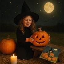 Halloween-Servietten mit Hexe & Kürbissen „Pumpkin Carving“ 33 × 33 cm