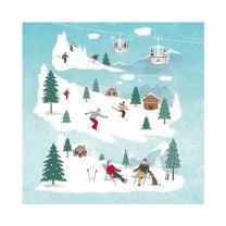 Bunte PPD Servietten St. Moritz 33x33 mit Ski- und Winterlandschaft.