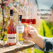 Exklusiv bei Berggut: Bella Rocco Spritz Set mit Bio Dry Gin und Sparkling Rocco als stilvolle Aperitif-Idee aus Südtirol.