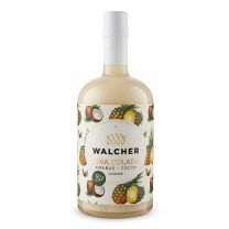 Walcher Pina Colada Likör BIO in stilvoller Flasche mit tropischem Design aus Ananas und Kokos.