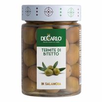 Grüne Oliven der Sorte Termite di Bitetto sind mit Kern und in Salzlake eingelegt.