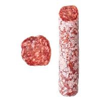 Trockners Knoblauchsalami der Metzgerei Trockner aus Kollmann bei Barbian in Südtirol – grobe, luftgetrocknete Haussalami aus Schweinefleisch mit Knoblauch.