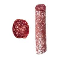 Trockners Rehsalami der Metzgerei Trockner aus Kollmann bei Barbian in Südtirol – grobe, luftgetrocknete Wildsalami aus Reh- und Schweinefleisch.