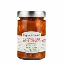 Lechners Vinschger Bauerngemüse in Tomatensoße – 6-fach gemischtes Gemüse, traditionell eingelegt für mediterrane Genussmomente.