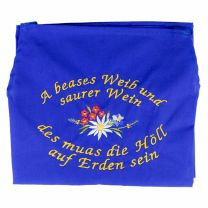 Original Bauernschurz: "A beases Weib und saurer Wein des muas die Höll auf Erden sein" bestickte, original blaue Südtiroler Bauernschürze.