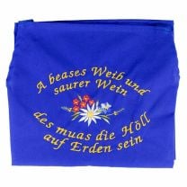 Original Bauernschurz: "A beases Weib und saurer Wein des muas die Höll auf Erden sein" bestickte, original blaue Südtiroler Bauernschürze.