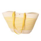 Tasche oval aus hellen Stoffbändern mit gelben Streifen und Kunstlederhenkeln – perfekte Sommer-Tasche für Strand oder City.