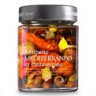 Antipasto sott'olio mediterran von il Bottaccio, eingelegte schwarze Leccino-Oliven u.w. in nativem Olivenöl extra.